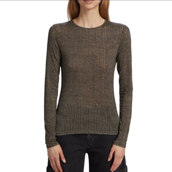 Vince Brown Black Houndstooth Crew-Neck Long Sleeve Top Women's Size Medium - Picture 1 of 16